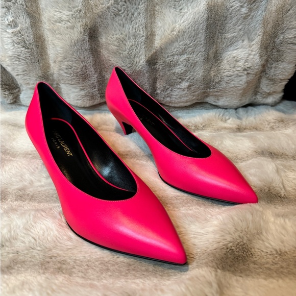 Bright Pink Saint Laurent Paris Italian Leather Low Heels - Picture 2 of 5